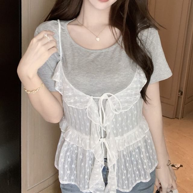 Tee Neck Crew Sheer Top Plain + Set: Ruffle Short-Sleeve Floral Cami