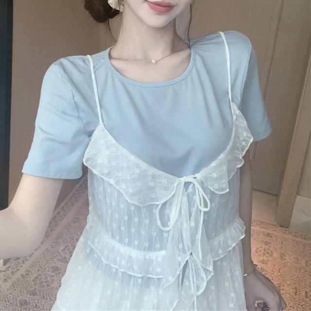 Tee Neck Crew Sheer Top Plain + Set: Ruffle Short-Sleeve Floral Cami