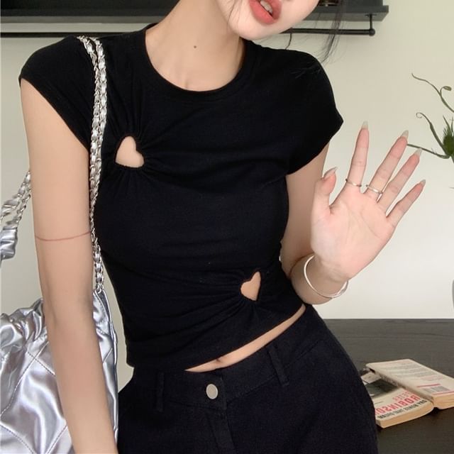 Cropped T-Shirt Neck Plain Cutout Crew Short-Sleeve