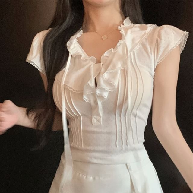 Trim Lace Cap-Sleeve T-Shirt Plain Ruffle
