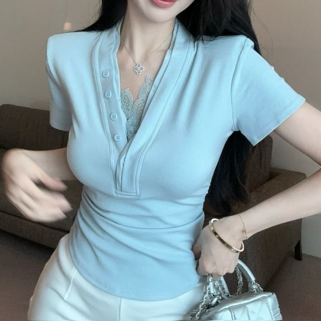 V-Neck Trim Plain Short-Sleeve Ruched Lace T-Shirt