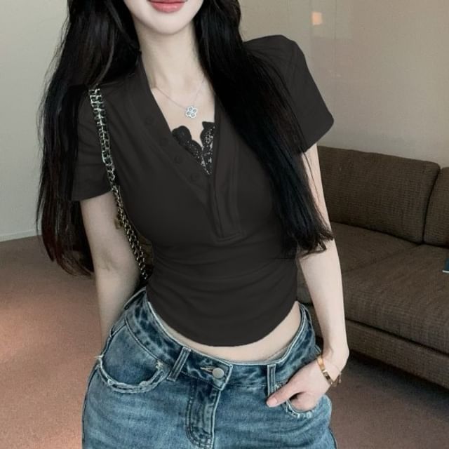 V-Neck Trim Plain Short-Sleeve Ruched Lace T-Shirt