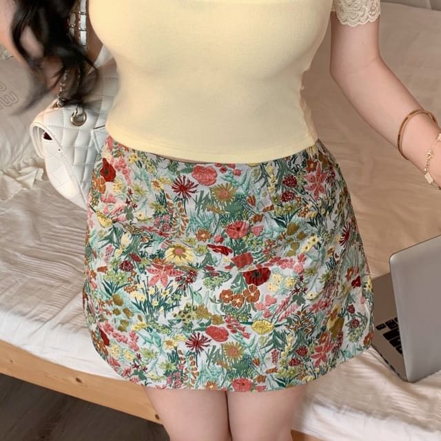 Floral Short-Sleeve Trim / Plain Lace Off-Shoulder Tee Rise High Mini Pencil Skirt
