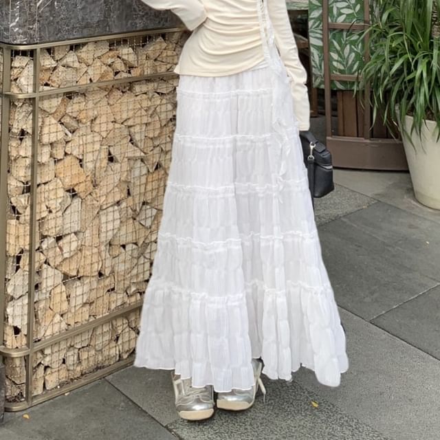 One-Shoulder Ruched High A-Line Trim Asymmetrical Plain Long-Sleeve Tee Skirt Lace Maxi / Rise