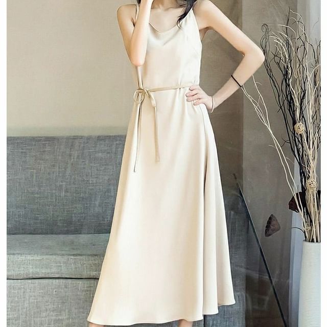 Scoop Neck Sashed Midi A-Line Dress with Thin Straps