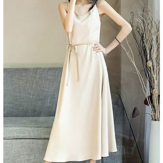 Scoop Neck Sashed Midi A-Line Dress with Thin Straps