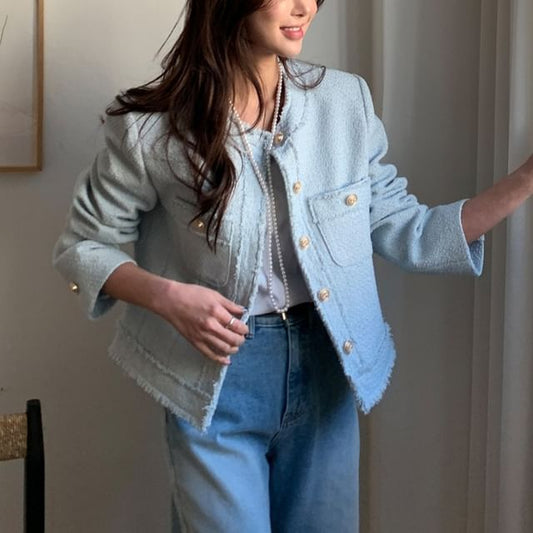 Crew Neck Frayed Button-Up Plain Tweed Jacket