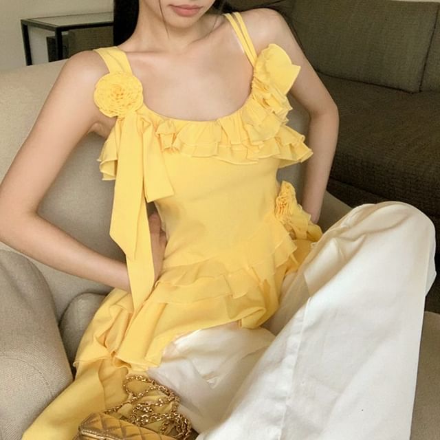 Ruffle Floral Top Detail Plain Asymmetrical Cami