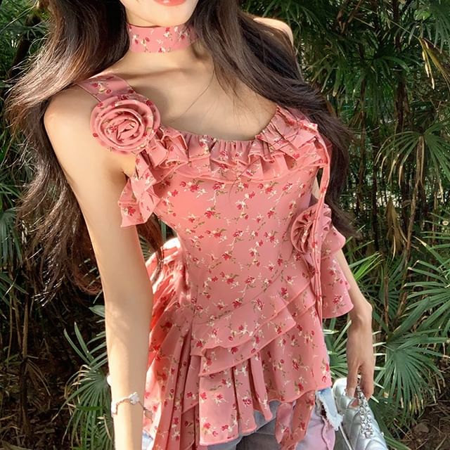 Ruffle Floral Top Detail Plain Asymmetrical Cami