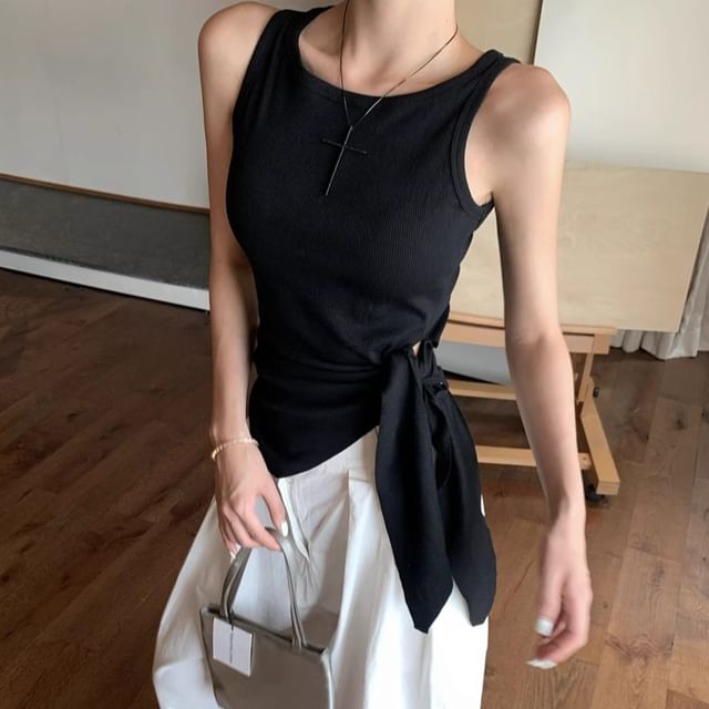 Neck Tie-Up Tank Top Plain Crew