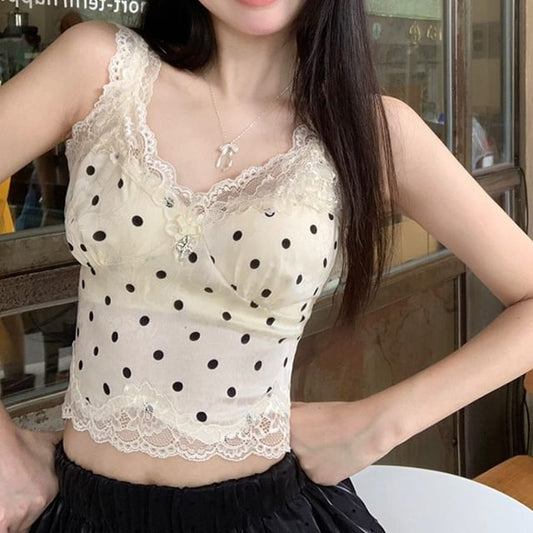 Polka-Dot Sleeveless Lace Crop Top - LaceLux