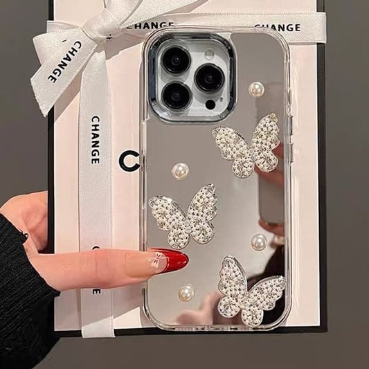 Mirrored Phone Strap / Pearl Case Butterfly Set Faux