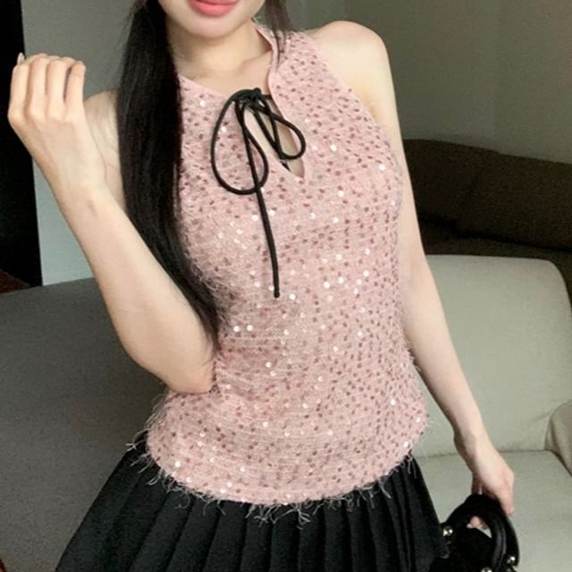 Sequin Tie Neck Sleeveless Top