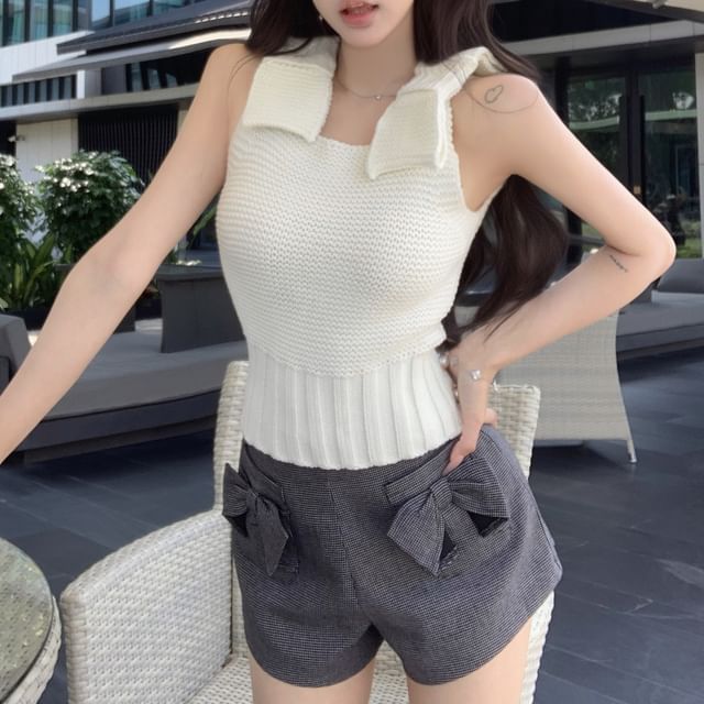 Top / Waist Knit Plain Shorts High Plaid Bow Camisole