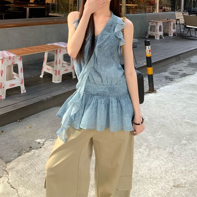 Pants Top Patterned Halter Cargo Ruffle Wide Leg Plain / Print High Waist