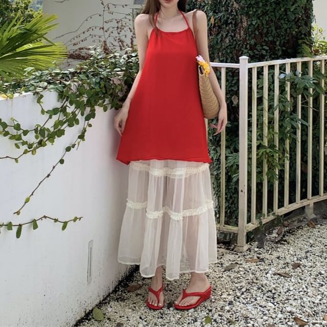 Halter A-Line / Skirt Maxi Mini Rise Plain High Mesh Tiered Dress