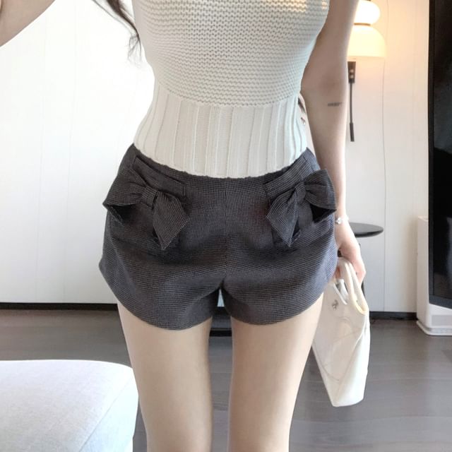 Top / Waist Knit Plain Shorts High Plaid Bow Camisole
