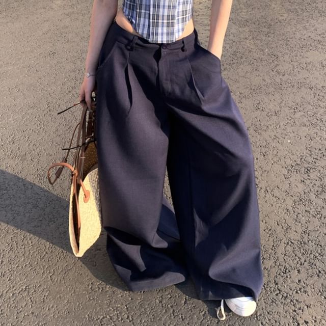 Pants Plaid Bustier Tube Rise / Frill Mid Suit Top Leg Plain Wide