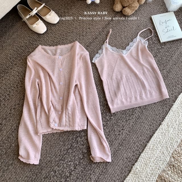 Round V-Neck Neck Cardigan Trim Top Set: Knit Plain Camisole Lace +