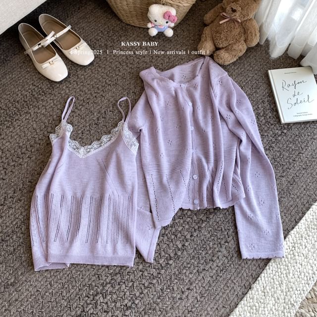 Round V-Neck Neck Cardigan Trim Top Set: Knit Plain Camisole Lace +