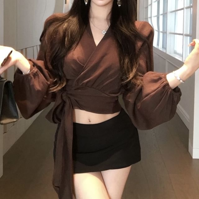 Long Plain Sleeve Wrap Crop V-Neck Blouse