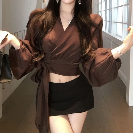 Long Plain Sleeve Wrap Crop V-Neck Blouse