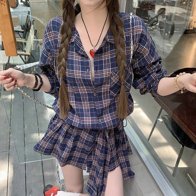 Tie-Up Long Sleeve Plaid Collared Shirt