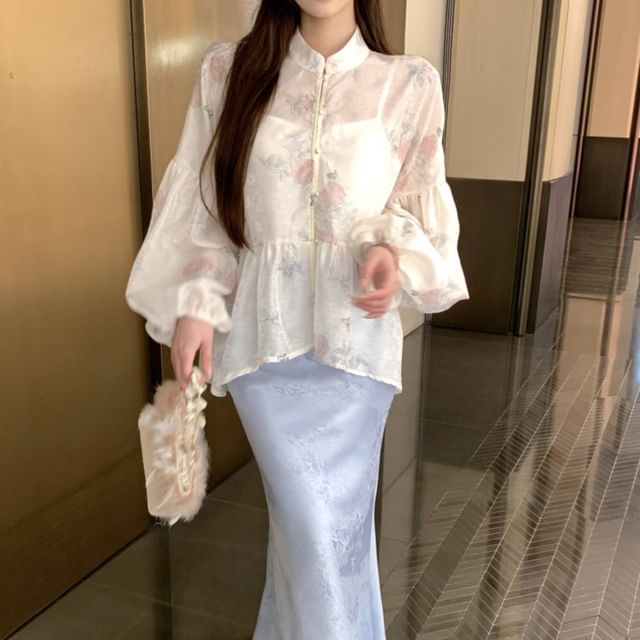 Sleeve Plain Blouse Jacquard Maxi Skirt Fishtail Long Collar / Set Print Floral Camisole Peplum Waist High Stand