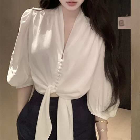 Front Blouse Sleeve V-Neck Plain Tie Elbow