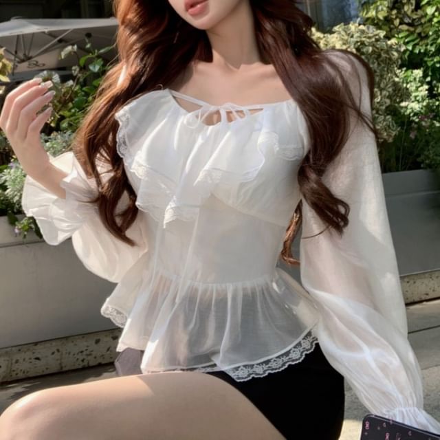 Ruffle Sleeve Plain Front Mini V-Neck Tie Skirt Lace Pencil Blouse Long / Trim