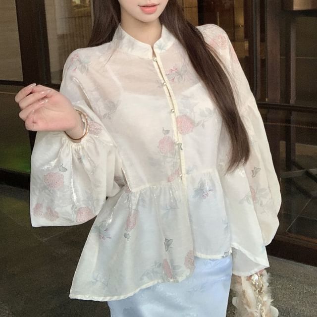 Sleeve Plain Blouse Jacquard Maxi Skirt Fishtail Long Collar / Set Print Floral Camisole Peplum Waist High Stand