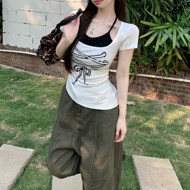 Sleeve Two Asymmetrical Mock Tee Piece Print Short Patterned