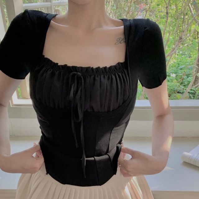 Short Top Plain Sleeve Ruched Mock Square Neck Two Piece