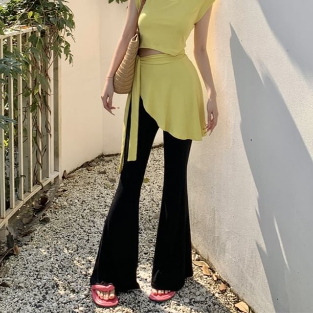 Piece Flared Pants Mock High Two Asymmetrical Cap Neck / Waist Plain Sleeve T-Shirt Crew