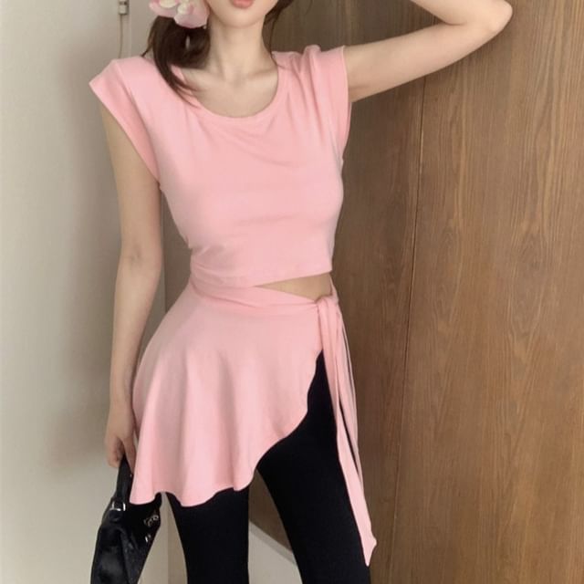 Piece Flared Pants Mock High Two Asymmetrical Cap Neck / Waist Plain Sleeve T-Shirt Crew