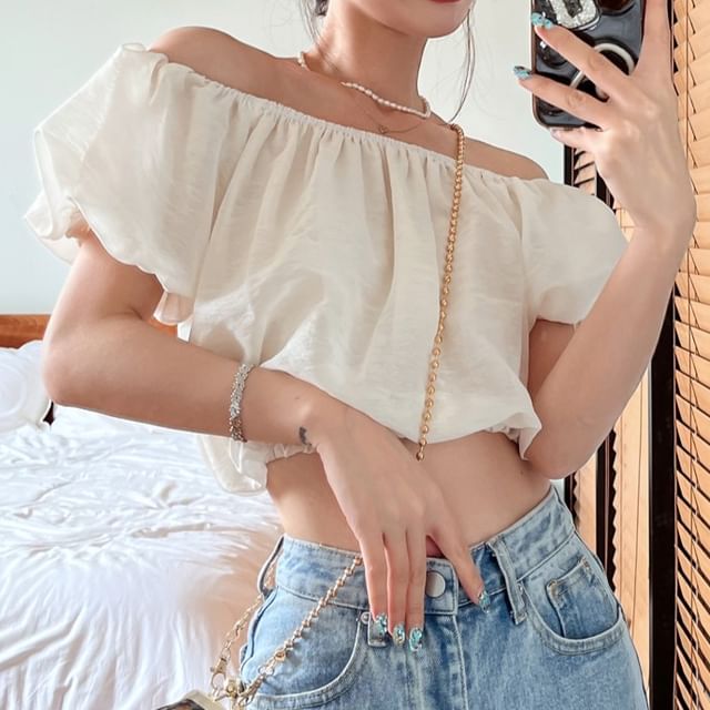 Puff-Sleeve Plain Crop Shoulder Blouse Off