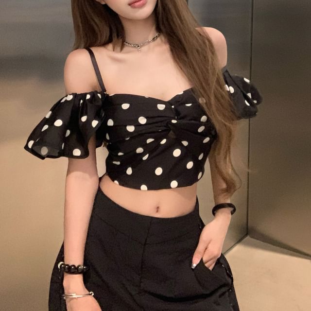 Cold Dotted Crop Top Shoulder Short-Sleeve