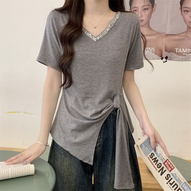 Lace V-Neck Asymmetrical Plain Trim Top Short-Sleeve