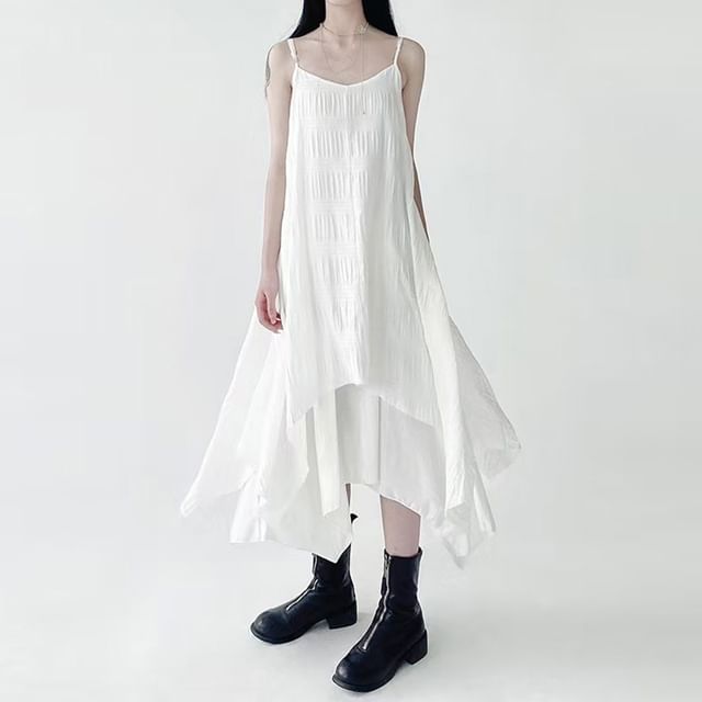 Asymmetrical Midi A-Line Dress with V-Neck and Thin Straps
