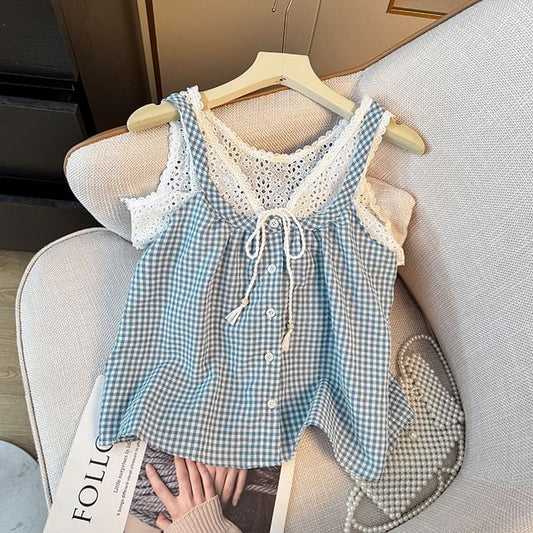 Checker Button-Up Lace Tank - LaceLux