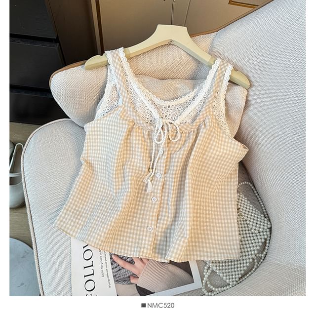 Checker Button-Up Lace Tank - LaceLux