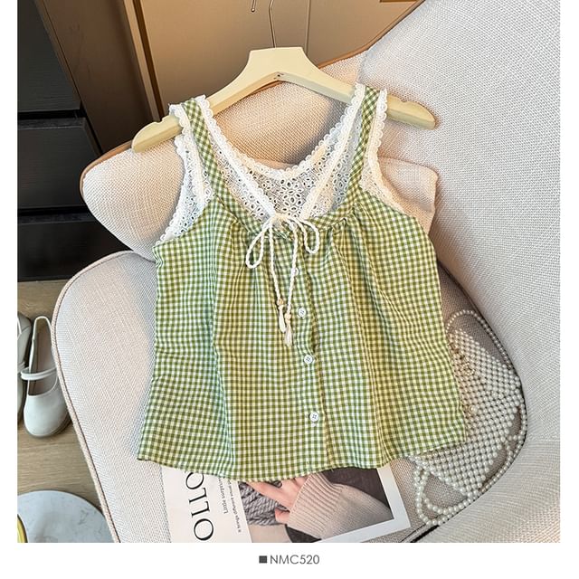 Checker Button-Up Lace Tank - LaceLux