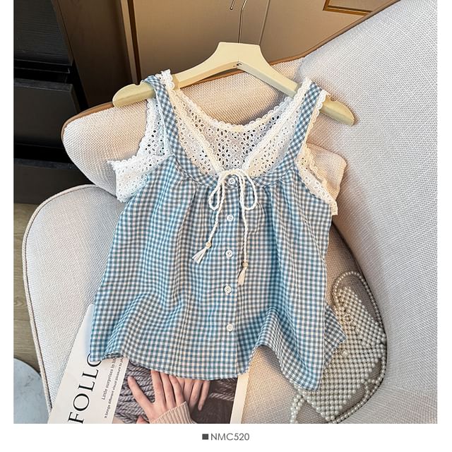Checker Button-Up Lace Tank - LaceLux