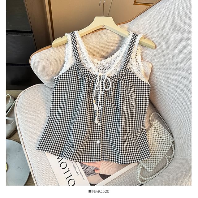 Checker Button-Up Lace Tank - LaceLux
