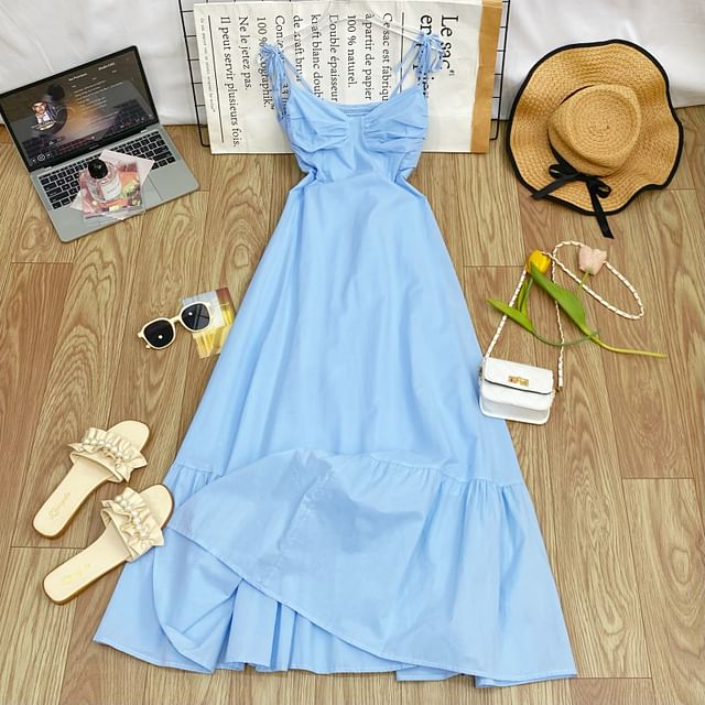 Shirred Midi A-Line Dress with Tie-Shoulder Detail