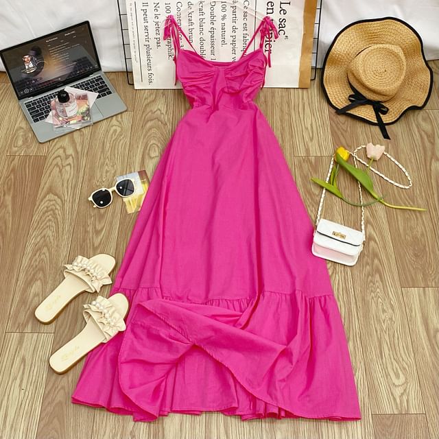 Shirred Midi A-Line Dress with Tie-Shoulder Detail