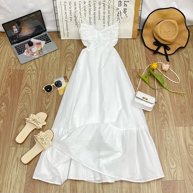 Shirred Midi A-Line Dress with Tie-Shoulder Detail