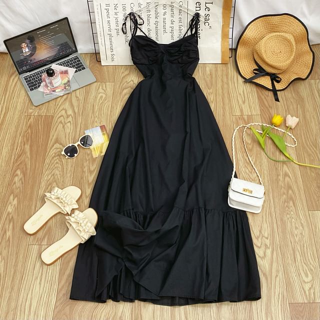 Shirred Midi A-Line Dress with Tie-Shoulder Detail