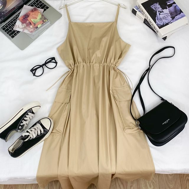Drawstring Midi A-Line Cargo Dress with Thin Straps
