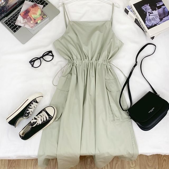 Drawstring Midi A-Line Cargo Dress with Thin Straps